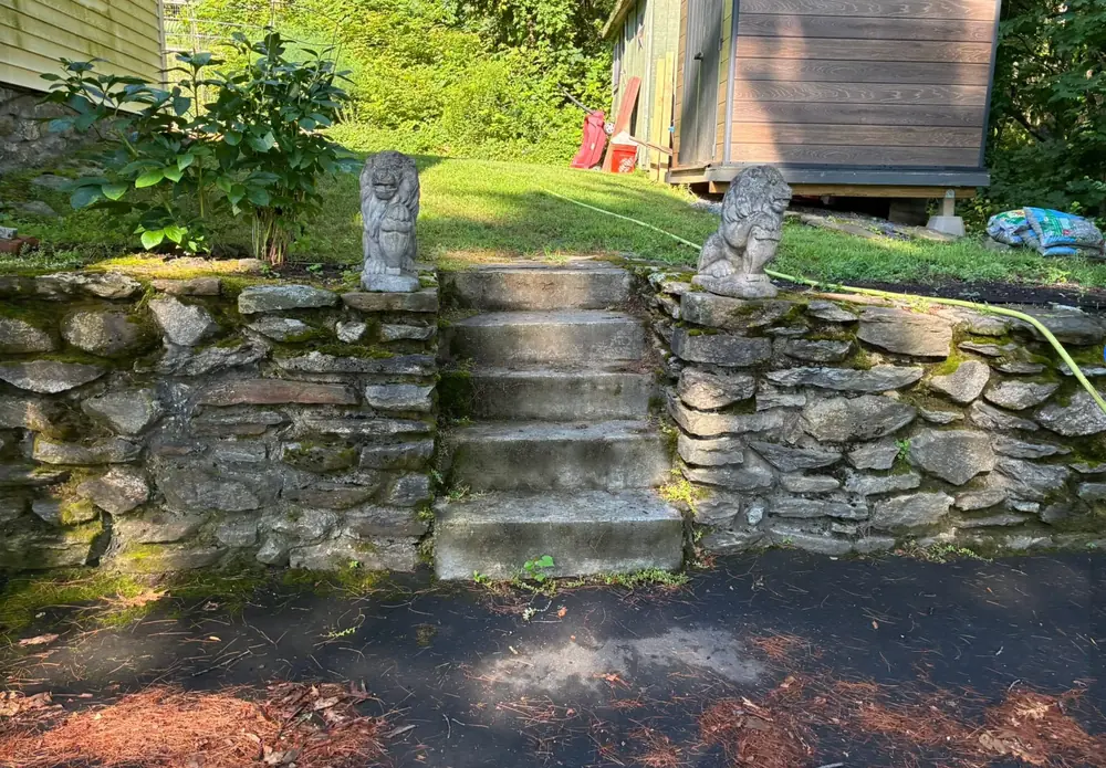 Before Moss Removal from a Fieldstone Wall & Granite Steps in Worcester County, MA — Pro Pressure Washing