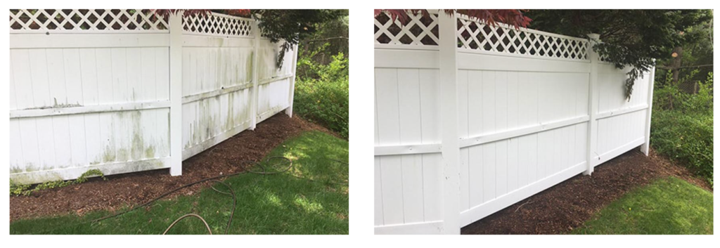 before and after photos of fence pressure washed by Pro Pressure Washing