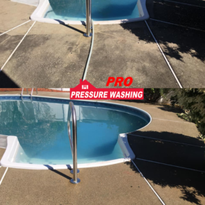 before and after photos of a concrete pool deck in Northborough power washed by Pro Pressure Washing